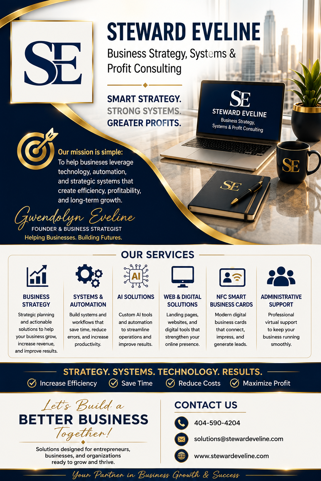Steward Eveline LLC mission and services: business strategy, systems and automation, AI solutions, web and digital solutions, NFC smart business cards and administrative support